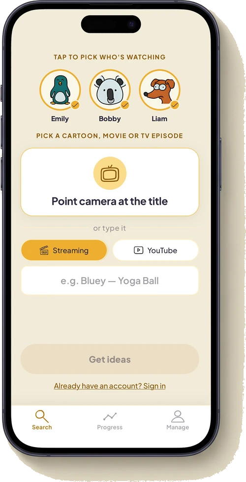 LONIO search screen — pick the cartoon and the kids who watched it together