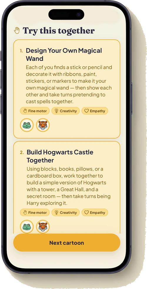 LONIO activity screen — two hands-on play ideas with skill tags like Fine motor, Creativity, Empathy